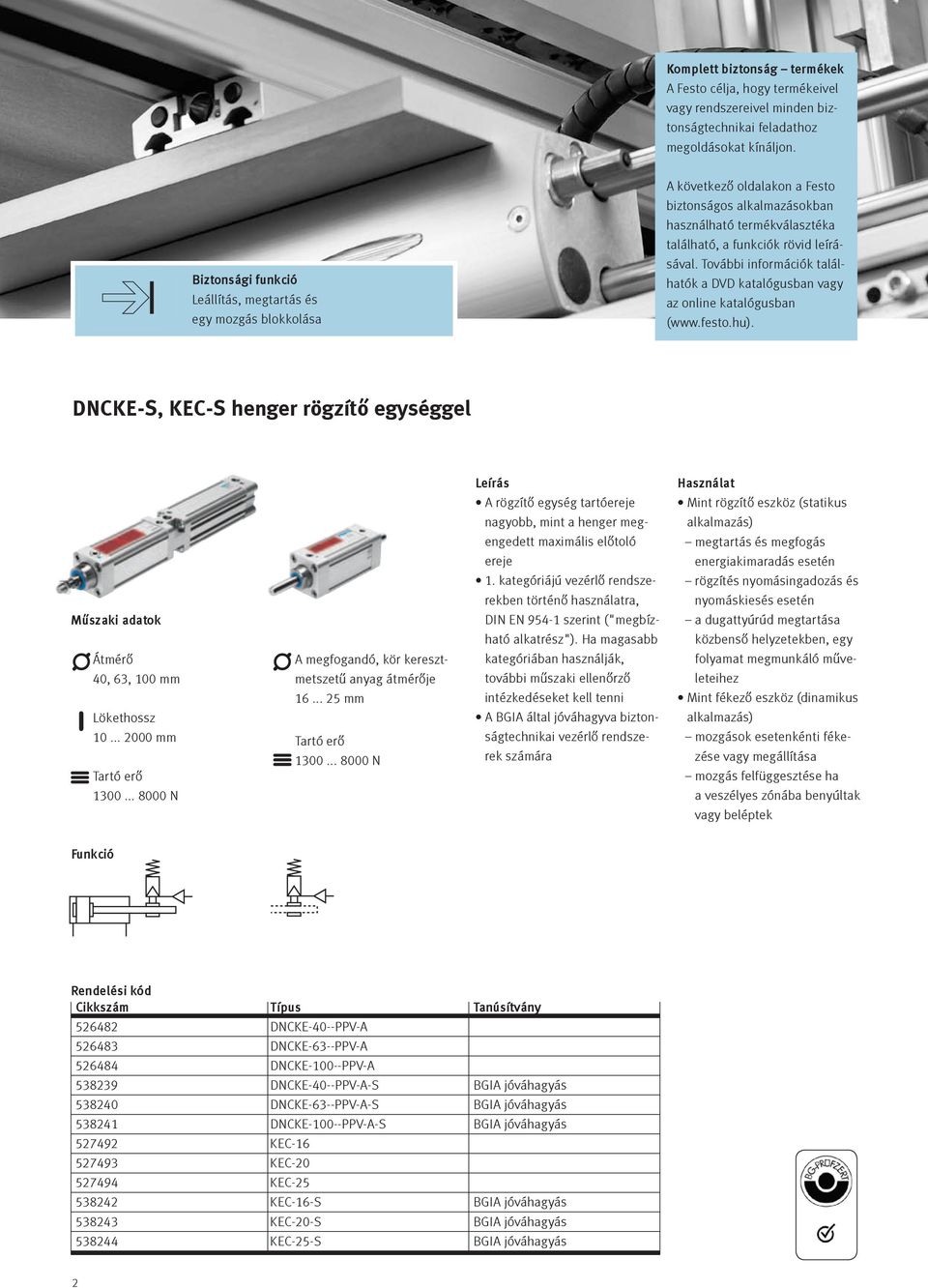 További információk találhatók a DVD katalógusban vagy az online katalógusban (www.festo.hu). DNCKE-S, KEC-S henger rögzítő egységgel N T O Átmérő 40, 63, 100 mm ökethossz 10... 2000 mm Tartó erő 1300.