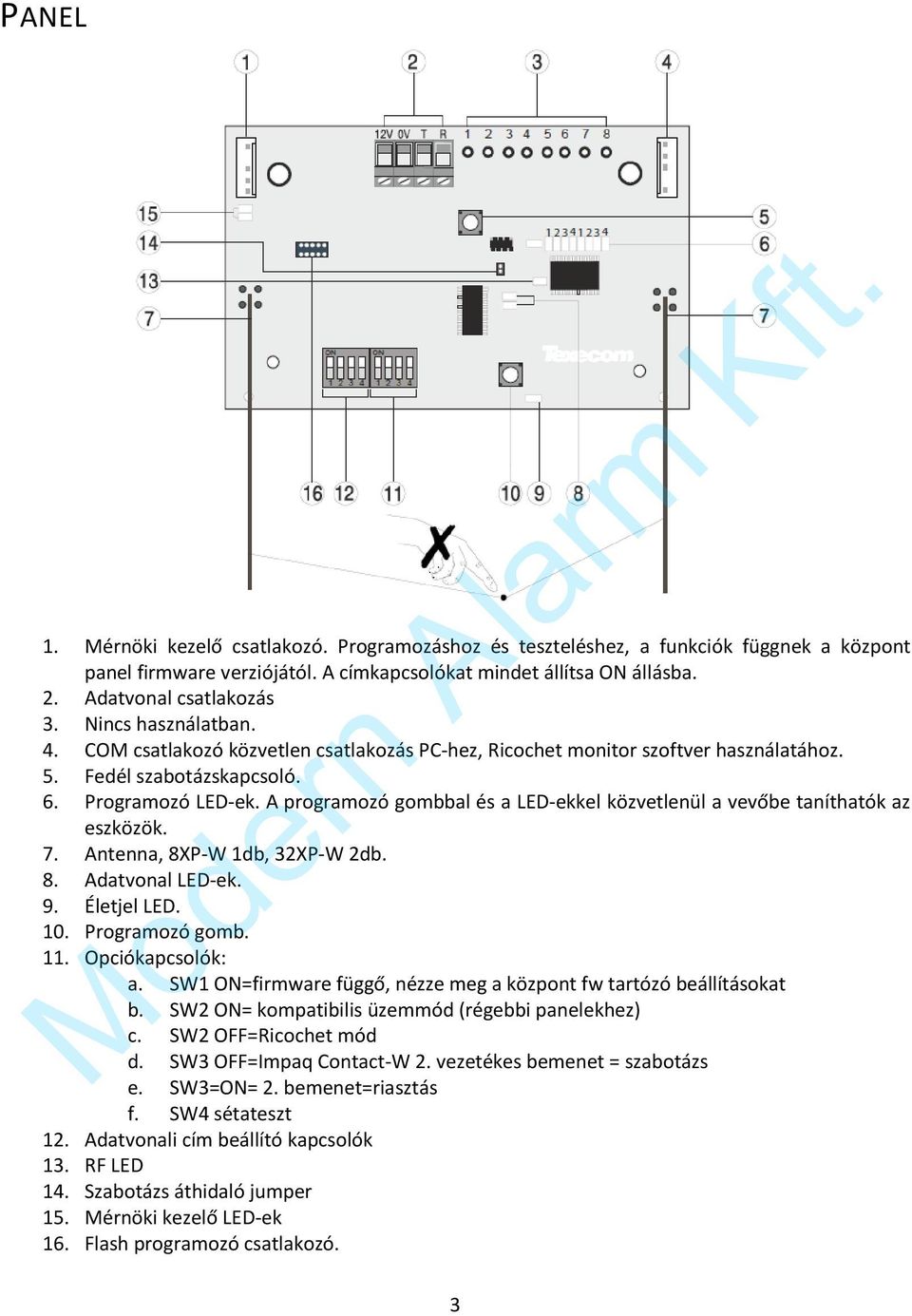 A programozó gombbal és a LED-ekkel közvetlenül a vevőbe taníthatók az eszközök. 7. Antenna, 8XP-W 1db, 32XP-W 2db. 8. Adatvonal LED-ek. 9. Életjel LED. 10. Programozó gomb. 11. Opciókapcsolók: a.