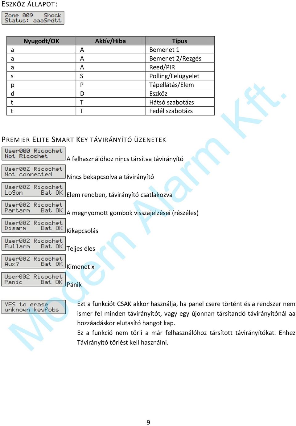 gombok visszajelzései (részéles) Kikapcsolás Teljes éles Kimenet x Pánik Ezt a funkciót CSAK akkor használja, ha panel csere történt és a rendszer nem ismer fel minden távirányítót,