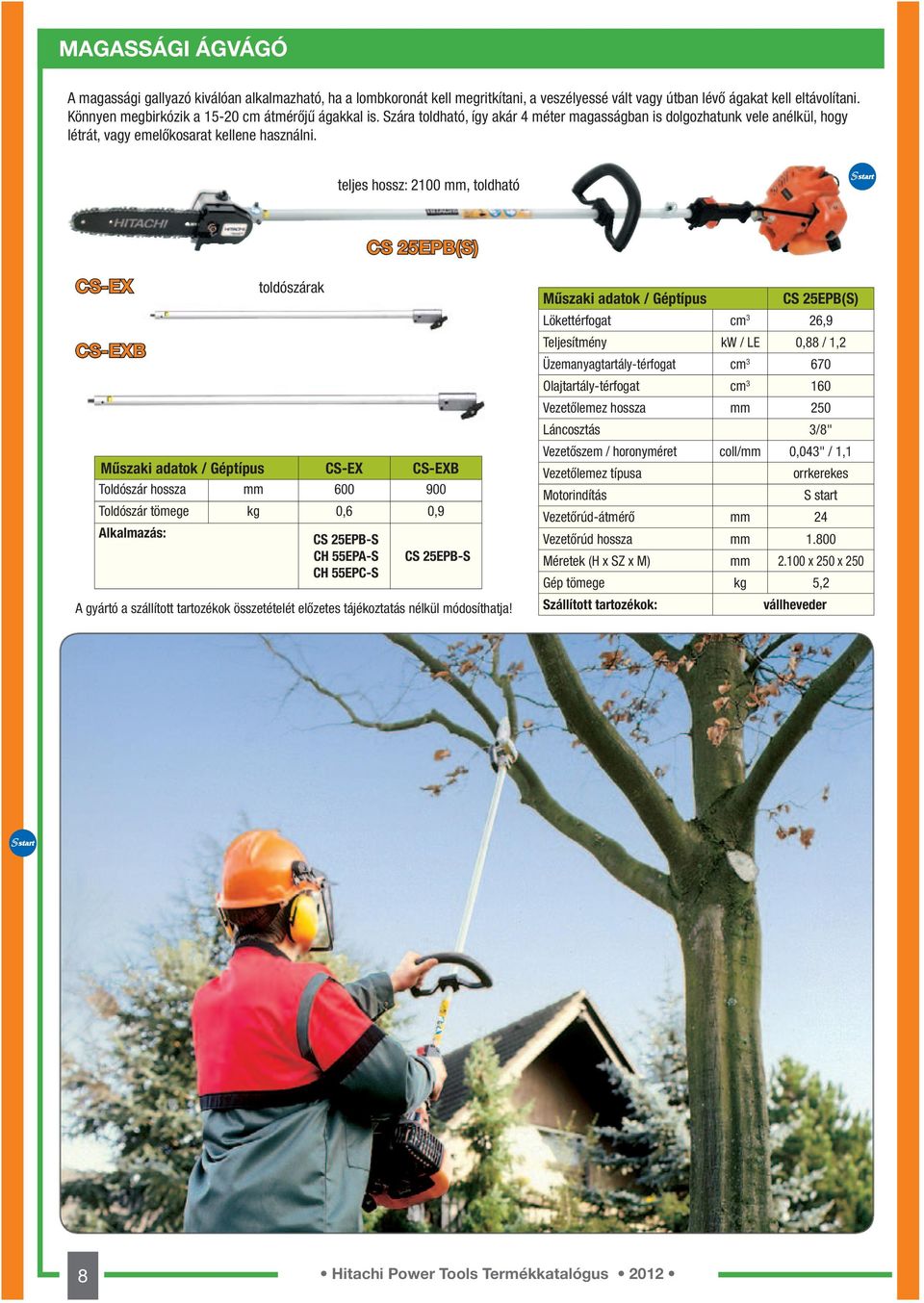 teljes hossz: 2100 mm, toldható CS 25EPB(S) CS-EX CS-EXB Műszaki adatok / Géptípus CS-EX CS-EXB Toldószár hossza mm 600 900 Toldószár tömege kg 0,6 0,9 Alkalmazás: toldószárak CS 25EPB-S CH 55EPA-S