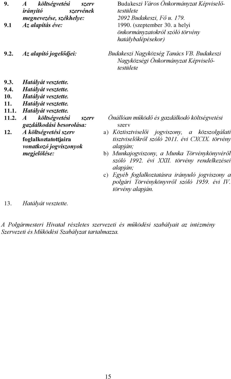 Hatályát vesztette. 10. Hatályát vesztette. 11. Hatályát vesztette. 11.1. Hatályát vesztette. 11.2. A költségvetési szerv gazdálkodási besorolása: 12.