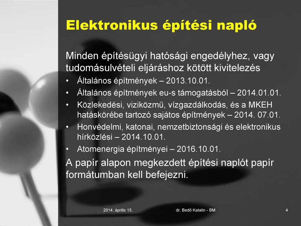 07.01. Honvédelmi, katonai, nemzetbiztonsági és elektronikus hírközlési 2014.10.01. Atomenergia építményei 2016.10.01. A papír alapon megkezdett építési naplót papír formátumban kell befejezni.