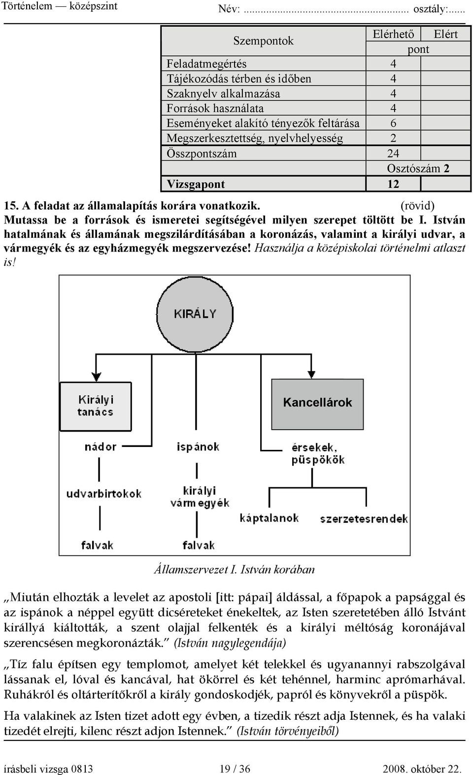 István hatalmának és államának megszilárdításában a koronázás, valamint a királyi udvar, a vármegyék és az egyházmegyék megszervezése! Használja a középiskolai történelmi atlaszt is!