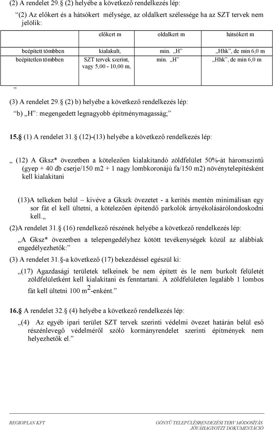 H Hhk, de in 6,0 beépítetlen többen SZT tervek szerint, vagy 5,00-10,00, in. H Hhk, de in 6,0 (3) A rendelet 29. (2) b) helyébe a következı rendelkezés lép: b) H : egengedett építényagasság; 15.