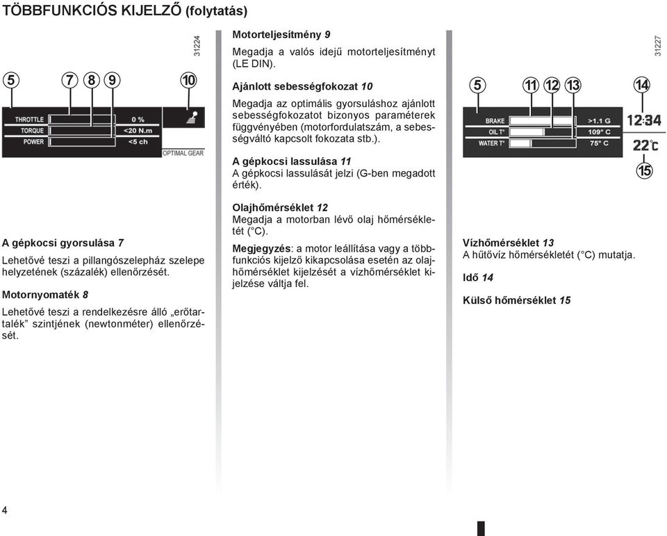 5 11 12 13 14 A gépkocsi lassulása 11 A gépkocsi lassulását jelzi (G-ben megadott érték). 15 A gépkocsi gyorsulása 7 Lehetővé teszi a pillangószelepház szelepe helyzetének (százalék) ellenőrzését.