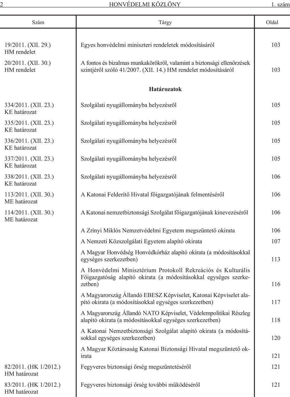 ) HM rendelet módosításáról 103 Határozatok 334/2011. (XII. 23.) KE határozat 335/2011. (XII. 23.) KE határozat 336/2011. (XII. 23.) KE határozat 337/2011. (XII. 23.) KE határozat 338/2011. (XII. 23.) KE határozat 113/2011.