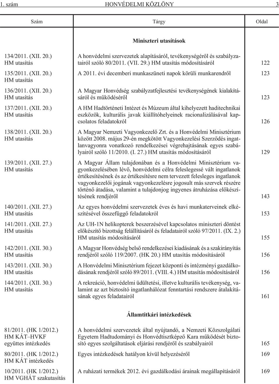 (XII. 30.) HM utasítás A honvédelmi szervezetek alapításáról, tevékenységérõl és szabályzatairól szóló 80/2011. (VII. 29.) HM utasítás módosításáról 122 A 2011.