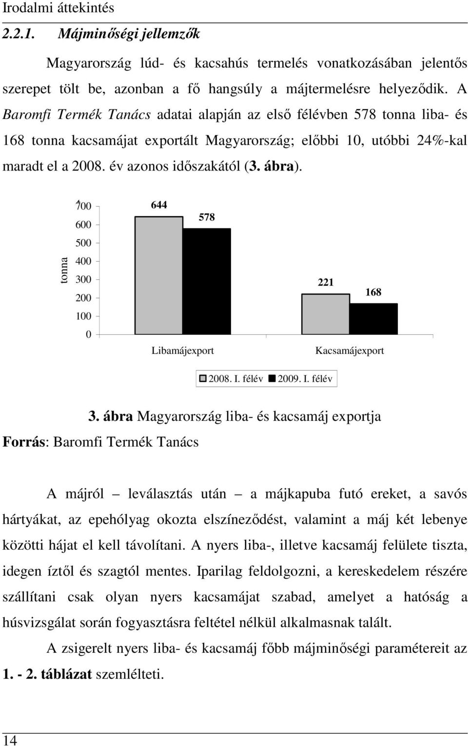 tonna 700 t 600 500 400 300 200 100 0 644 578 Libamájexport 221 168 Kacsamájexport 2008. I. félév 2009. I. félév 3.