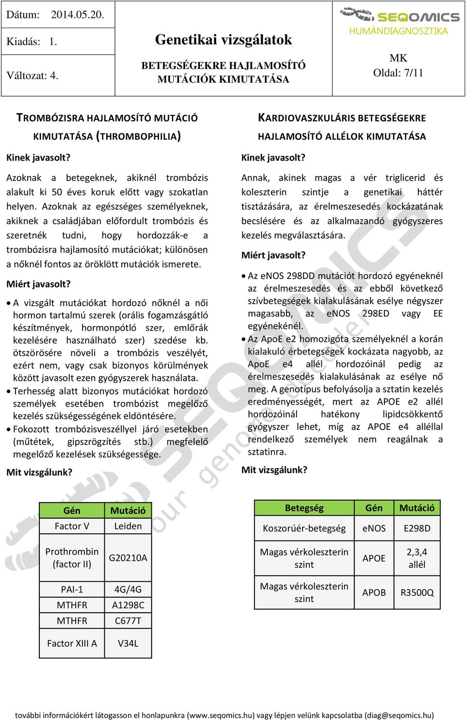 Azoknak az egészséges személyeknek, akiknek a családjában előfordult trombózis és szeretnék tudni, hogy hordozzák-e a trombózisra hajlamosító mutációkat; különösen a nőknél fontos az öröklött