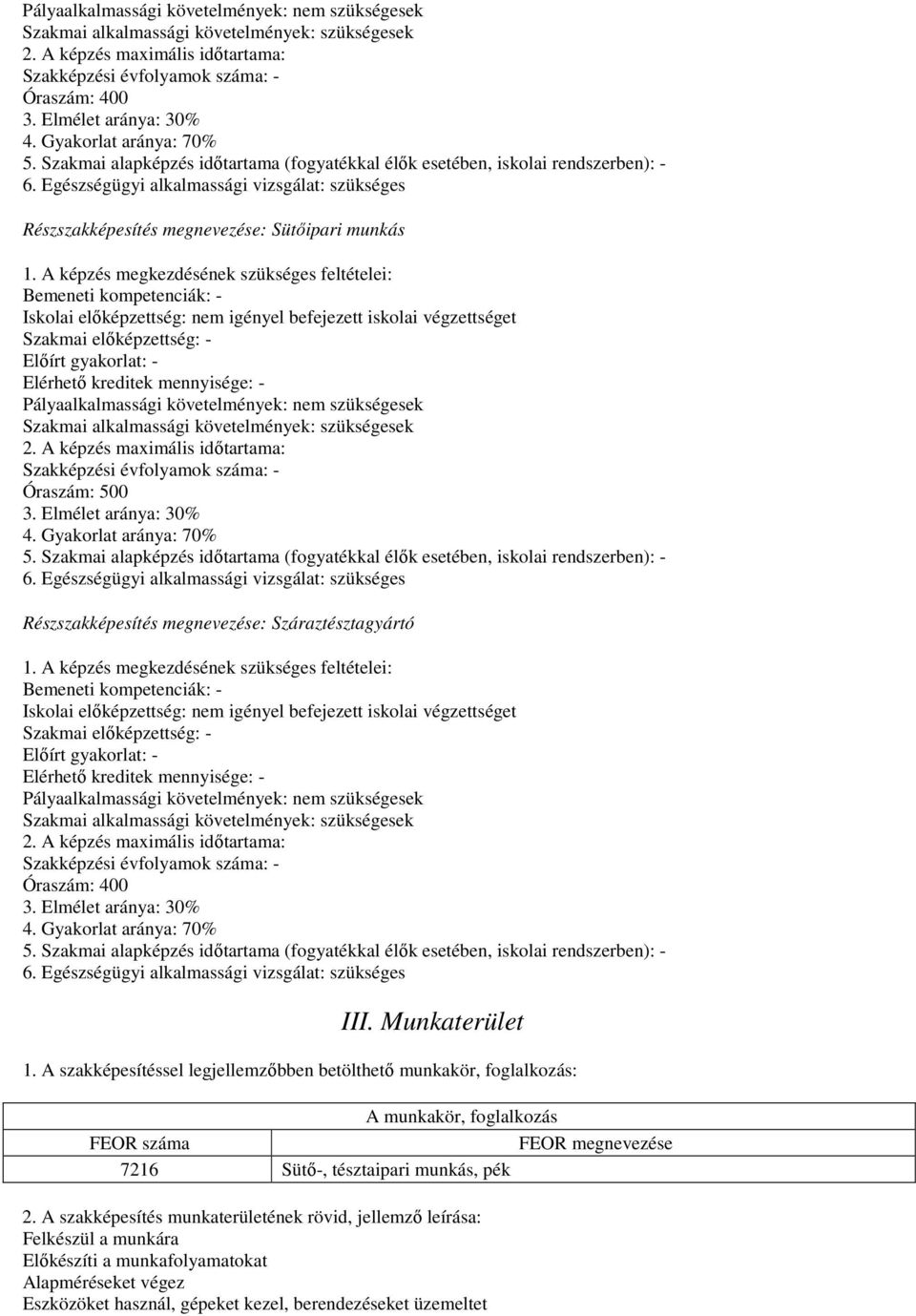 Egészségügyi alkalmassági vizsgálat: szükséges Részszakképesítés megnevezése: Sütőipari munkás 1.