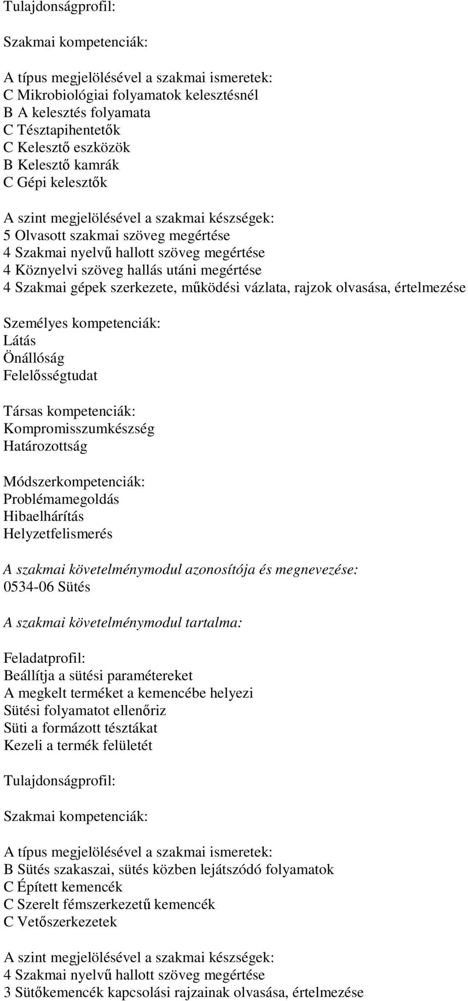 Felelősségtudat Társas kompetenciák: Kompromisszumkészség Határozottság Problémamegoldás Hibaelhárítás Helyzetfelismerés A szakmai követelménymodul azonosítója és megnevezése: 0534-06 Sütés Beállítja