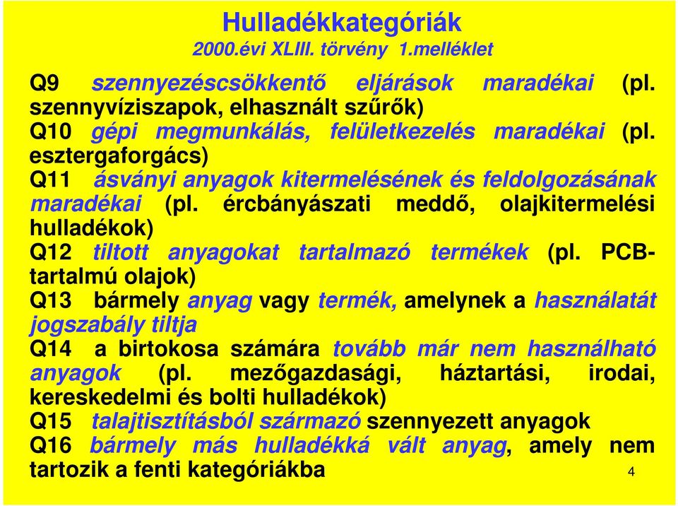 ércbányászati meddő, olajkitermelési hulladékok) Q12 tiltott anyagokat tartalmazó termékek (pl.