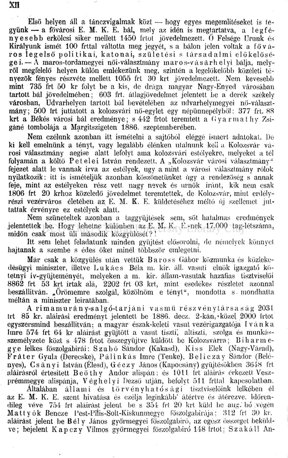 A maros-tordamegyei női-választmány maros-vásárhelyi bálja, melyről megfelelő helyen külön emlékezünk meg, szintén a legelőkelőbb közéleti tényezők fényes részvéte melleit 1055 frt 30 krt