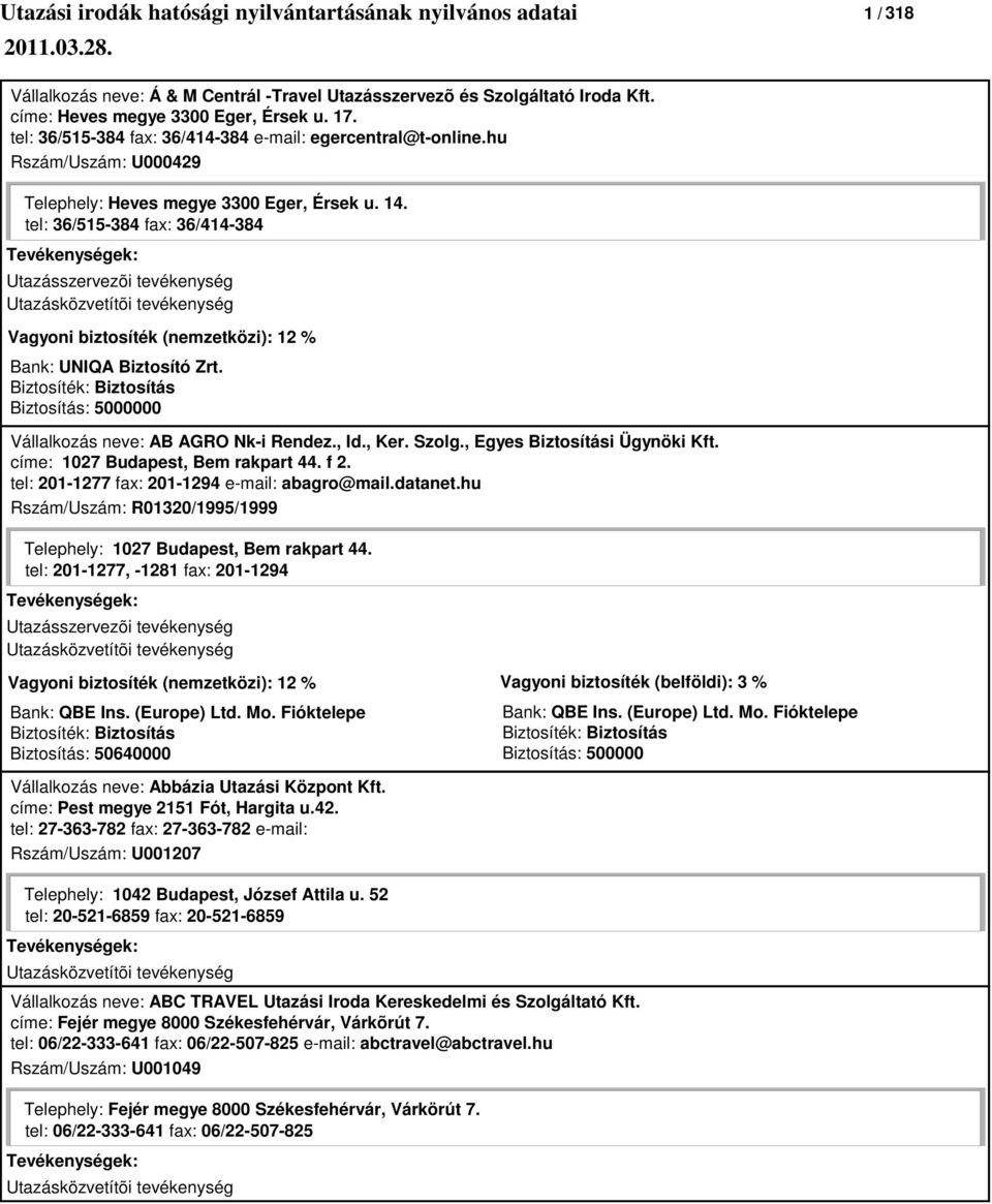 , Egyes Biztosítási Ügynöki Kft. címe: 1027 Budapest, Bem rakpart 44. f 2. tel: 201-1277 fax: 201-1294 e-mail: abagro@mail.datanet.