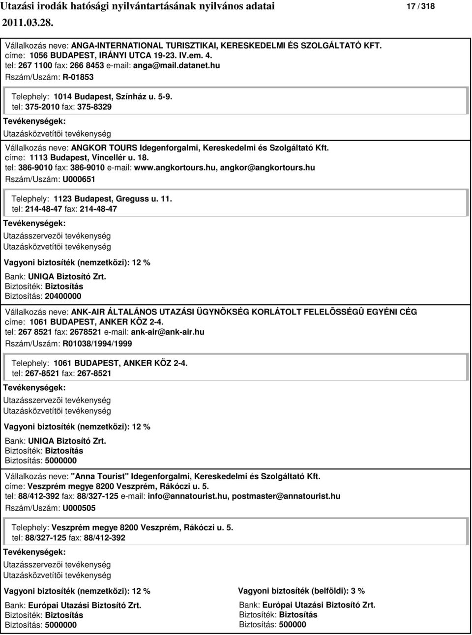 címe: 1113 Budapest, Vincellér u. 18. tel: 386-9010 fax: 386-9010 e-mail: www.angkortours.hu, angkor@angkortours.hu Rszám/Uszám: U000651 Telephely: 1123 Budapest, Greguss u. 11. tel: 214-48-47 fax: 214-48-47 Bank: UNIQA Biztosító Zrt.