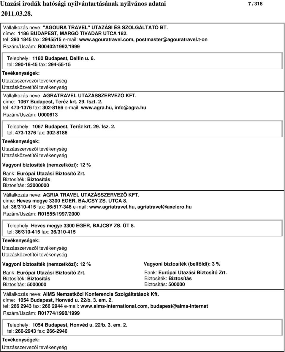 agra.hu, info@agra.hu Rszám/Uszám: U000613 Telephely: 1067 Budapest, Teréz krt. 29. fsz. 2. tel: 473-1376 fax: 302-8186 Bank: Európai Utazási Biztosító Zrt.