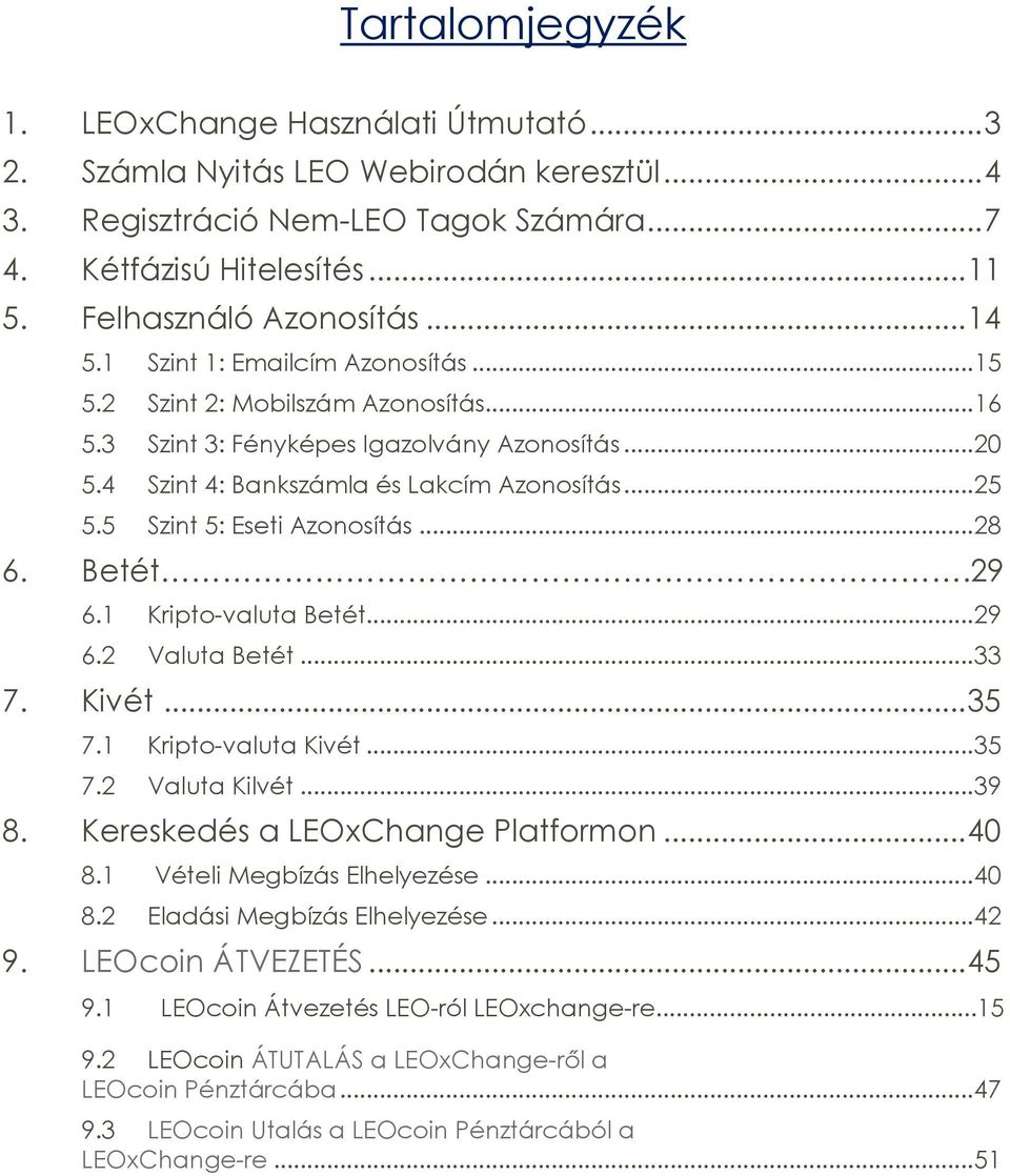 4 Szint 4: Bankszámla és Lakcím Azonosítás... 25 5.5 Szint 5: Eseti Azonosítás... 28 6. Betét.29 6.1 Kripto-valuta Betét... 29 6.2 Valuta Betét... 33 7. Kivét... 35 7.1 Kripto-valuta Kivét... 35 7.2 Valuta Kilvét.