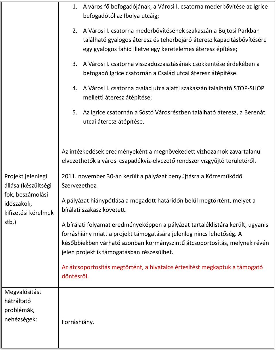 csatorna visszaduzzasztásának csökkentése érdekében a befogadó Igrice csatornán a Család utcai áteresz átépítése. 4. A Városi I.