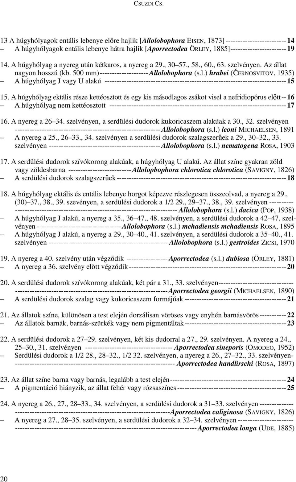 14. A húgyhólyag a nyereg után kétkaros, a nyereg a 29., 30 57., 58., 60., 63. szelvényen. Az állat nagyon hosszú (kb. 500 mm)--------------------allolobophora (s.l.) hrabei (ČERNOSVITOV, 1935) A húgyhólyag J vagy U alakú ---------------------------------------------------------------------------15 15.