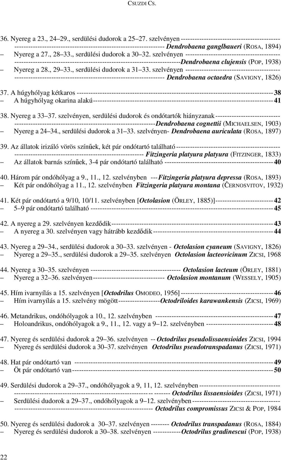 , serdülési dudorok a 30 32. szelvényen ----------------------------------------- ------------------------------------------------------------------------Dendrobaena clujensis (POP, 1938) Nyereg a 28.