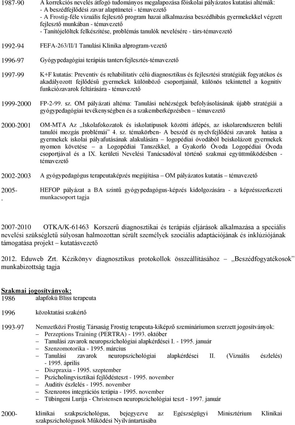 alprogram-vezető 1996-97 Gyógypedagógiai terápiás tantervfejlesztés-témavezető 1997-99 K+F kutatás: Preventív és rehabilitatív célú diagnosztikus és fejlesztési stratégiák fogyatékos és akadályozott