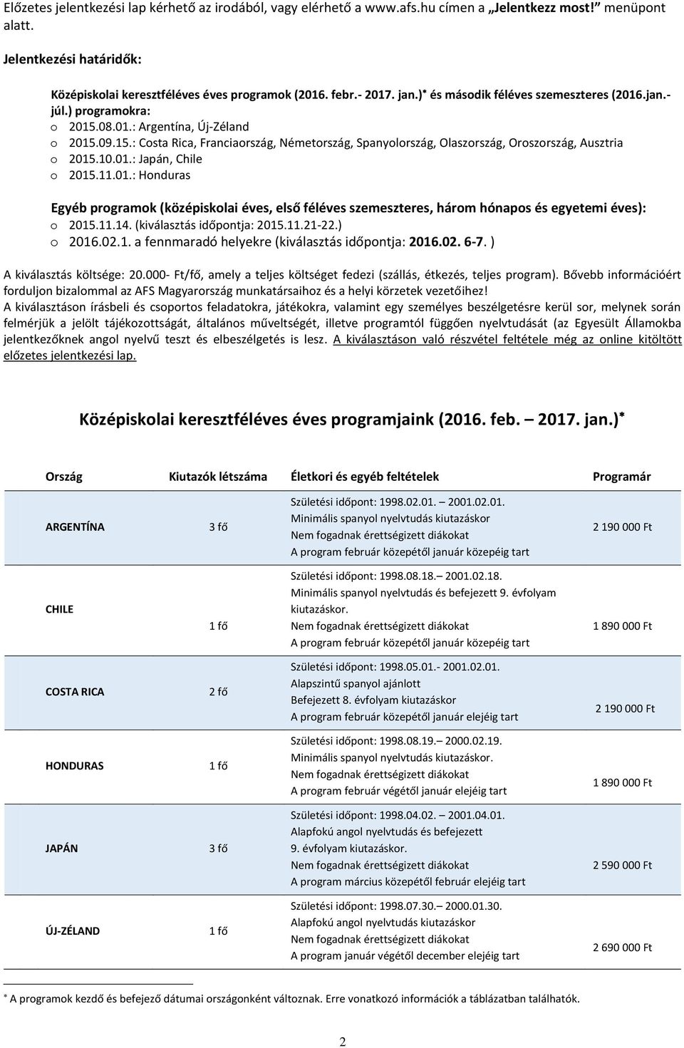 10.01.: Japán, Chile o 2015.11.01.: Honduras Egyéb programok (középiskolai éves, első féléves szemeszteres, három hónapos és egyetemi éves): o 2015.11.14. (kiválasztás időpontja: 2015.11.21-22.