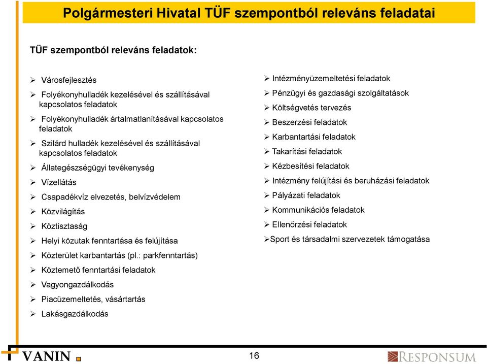 Közvilágítás Köztisztaság Helyi közutak fenntartása és felújítása Közterület karbantartás (pl.