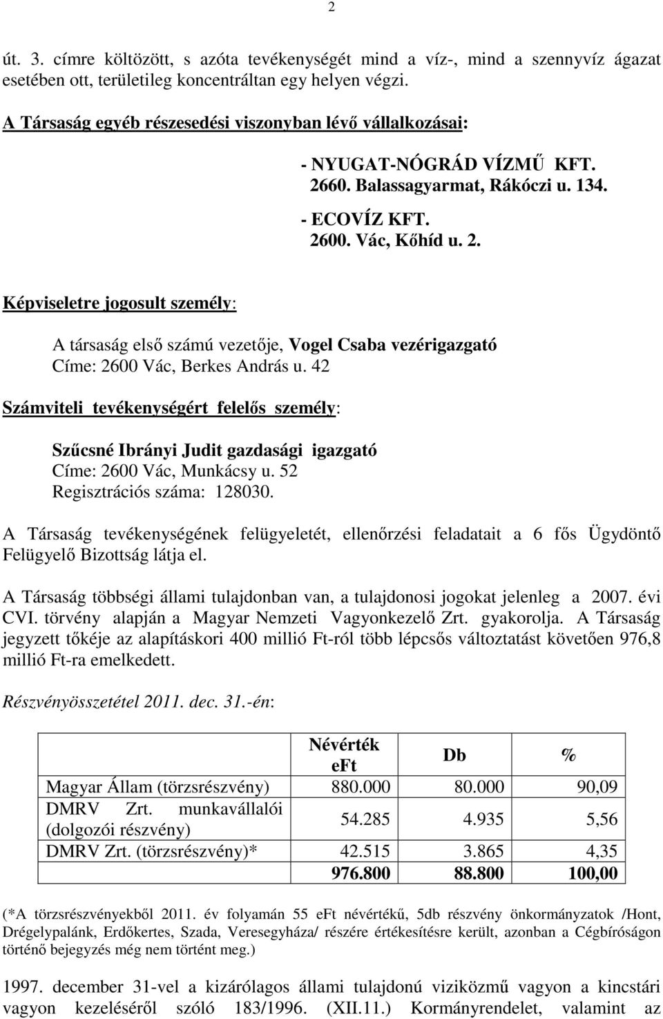 60. Balassagyarmat, Rákóczi u. 134. - ECOVÍZ KFT. 2600. Vác, Kıhíd u. 2. Képviseletre jogosult személy: A társaság elsı számú vezetıje, Vogel Csaba vezérigazgató Címe: 2600 Vác, Berkes András u.