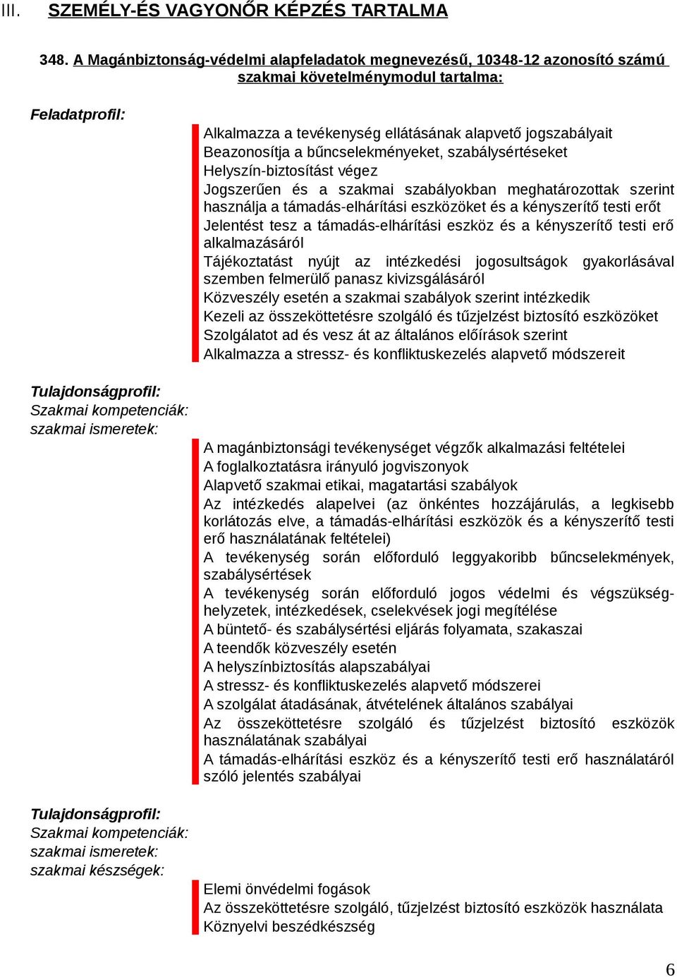 Tulajdonságprofil: Szakmai kompetenciák: szakmai ismeretek: szakmai készségek: Alkalmazza a tevékenység ellátásának alapvető jogszabályait Beazonosítja a bűncselekményeket, szabálysértéseket