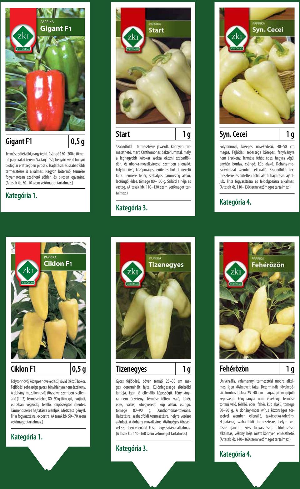 ) ZOTT G:TMTD) Gigant F1 1. 0,5 g Termése sötétzöld, nagy testű. Csüngő 150 200 g tömegű paprikákat terem. Vastag húsú, begyűrt végű bogyói biológiai érettségben pirosak.