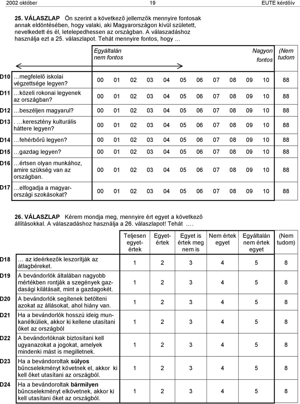 A válaszadáshoz használja ezt a 25. válaszlapot. Tehát mennyire fontos, hogy Egyáltalán nem fontos Nagyon fontos tudom D10 megfelelő iskolai végzettsége legyen?