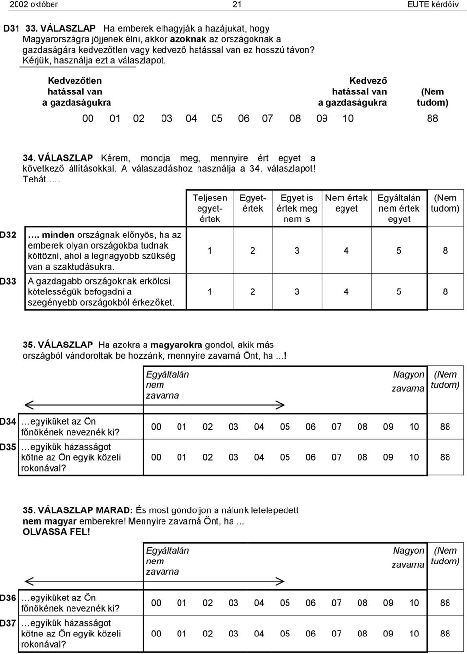 Kérjük, használja ezt a válaszlapot. Kedvezőtlen Kedvező hatással van hatással van a gazdaságukra a gazdaságukra 34. VÁLASZLAP Kérem, mondja meg, mennyire ért egyet a következő állításokkal.