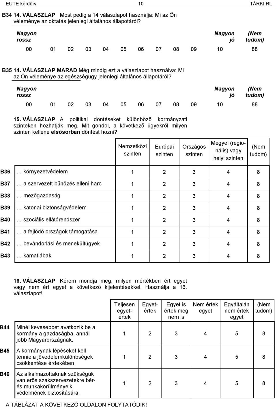 VÁLASZLAP A politikai döntéseket különböző kormányzati szinteken hozhatják meg. Mit gondol, a következő ügyekről milyen szinten kellene elsősorban döntést hozni?