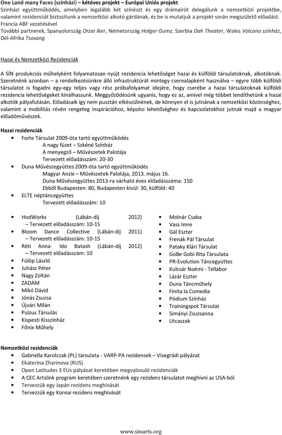 Francia ABF vezetésével További partnerek, Spanyolország Orzai Iker, Németország Holger Gumz, Szerbia Dah Theater, Wales Volcano színház, Dél-Afrika Tsosang Hazai és Nemzetközi Rezidenciák A SÍN