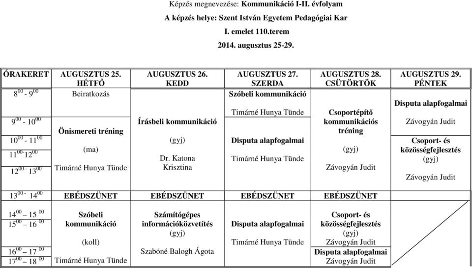 PÉNTEK 8 00-9 00 9 00-10 00 Beiratkozás Önismereti tréning Írásbeli kommunikáció Szóbeli kommunikáció Timárné Hunya Tünde Csoportépítő kommunikációs tréning Disputa alapfogalmai Závogyán Judit 10