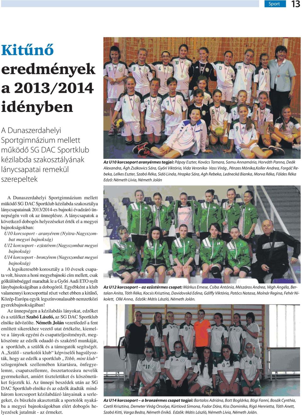 Rebeka, Lelkes Eszter, Szabó Réka, Sidó Linda, Hrapka Sára, Agh Rebeka, Lednecká Bianka, Morva Réka, Földes Réka Edző: Németh Lívia, Németh Jolán A Dunaszerdahelyi Sportgimnázium mellett müködő SG