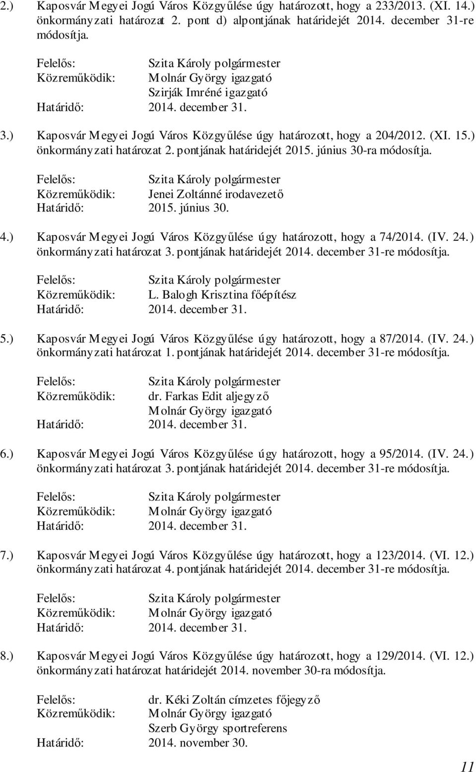 ) Kaposvár Megyei Jogú Város Közgyűlése úgy határozott, hogy a 74/2014. (IV. 24.) önkormányzati határozat 3. pontjának határidejét 2014. december 31-re L. Balogh Krisztina főépítész 5.