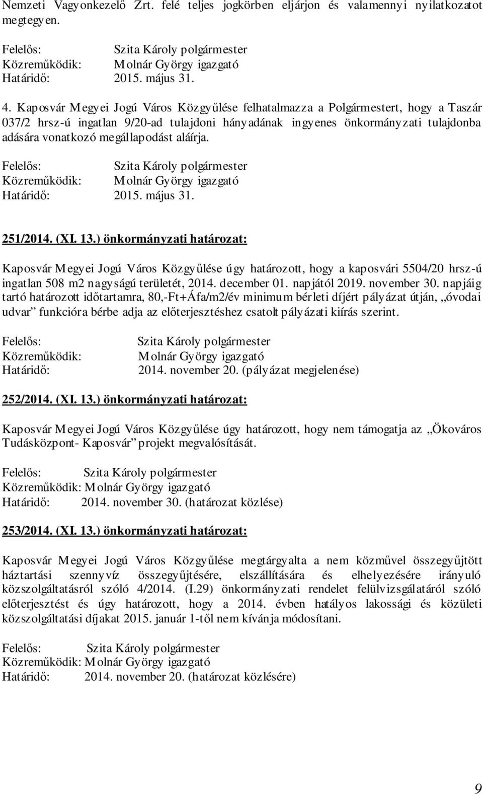 aláírja. 2015. május 31. 251/2014. (XI. 13.) önkormányzati határozat: Kaposvár Megyei Jogú Város Közgyűlése úgy határozott, hogy a kaposvári 5504/20 hrsz-ú ingatlan 508 m2 nagyságú területét, 2014.