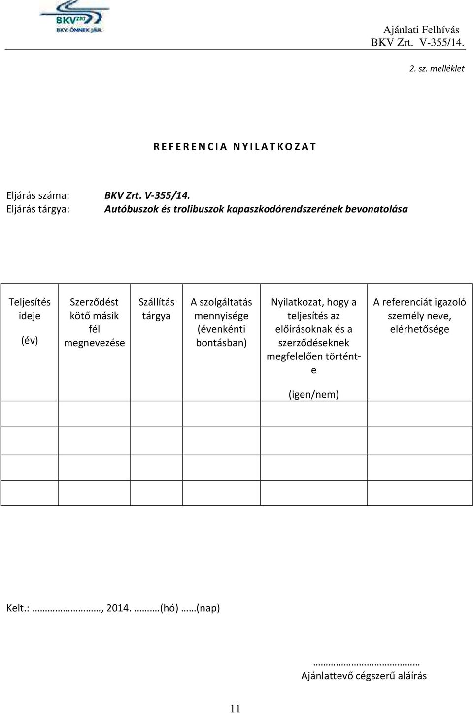 bevonatolása Teljesítés ideje (év) Szerződést kötő másik fél megnevezése Szállítás tárgya A szolgáltatás mennyisége