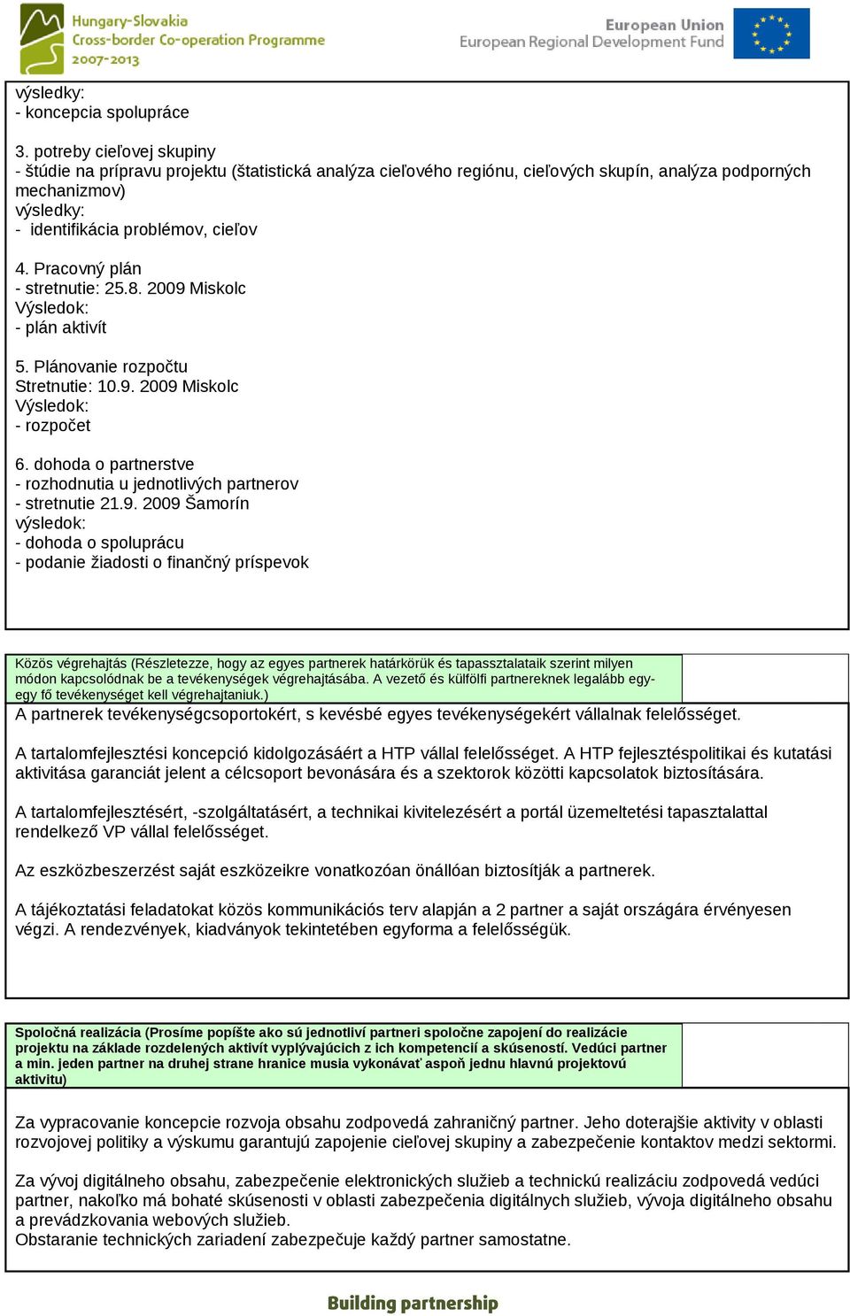 Pracovný plán - stretnutie: 25.8. 2009 Miskolc Výsledok: - plán aktivít 5. Plánovanie rozpočtu Stretnutie: 10.9. 2009 Miskolc Výsledok: - rozpočet 6.