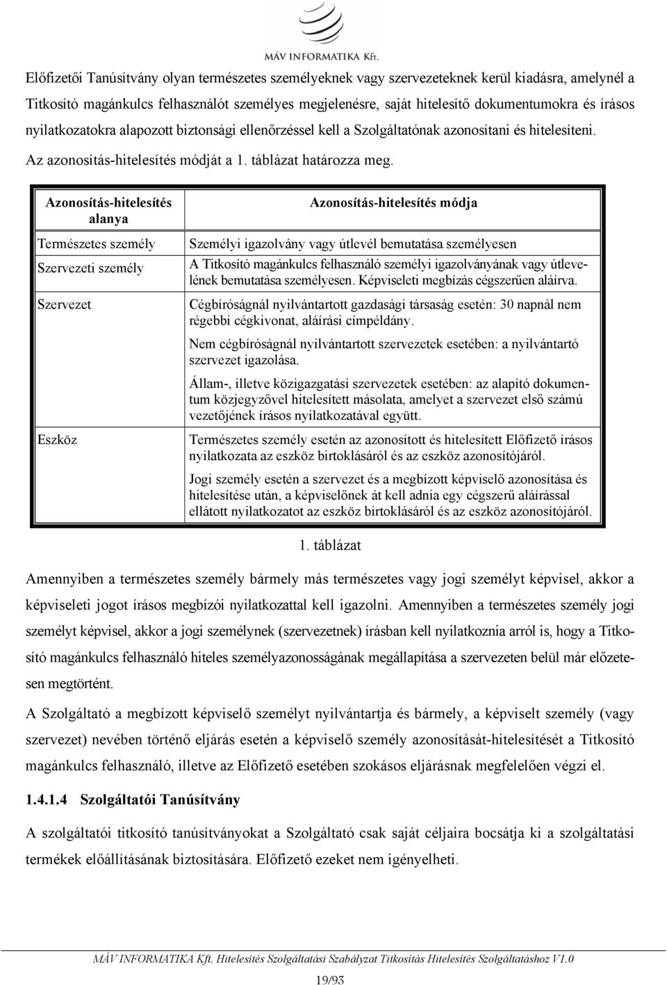 Azonosítás-hitelesítés alanya Természetes személy Szervezeti személy Szervezet Eszköz Azonosítás-hitelesítés módja Személyi igazolvány vagy útlevél bemutatása személyesen A Titkosító magánkulcs