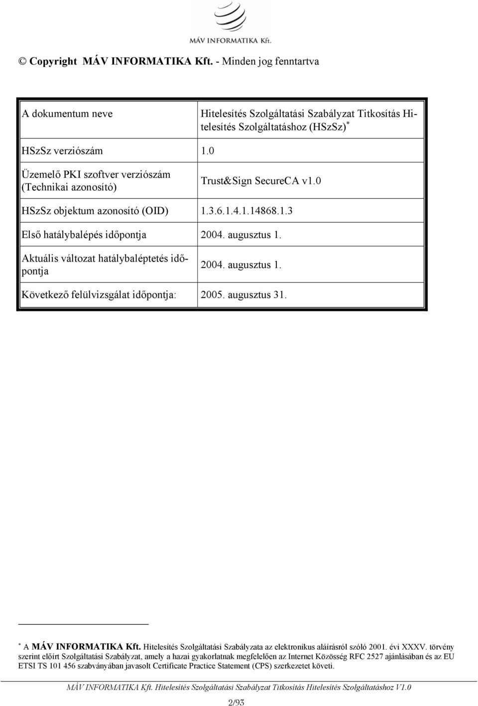 Aktuális változat hatálybaléptetés időpontja 2004. augusztus 1. Következő felülvizsgálat időpontja: 2005. augusztus 31. A MÁV INFORMATIKA Kft.