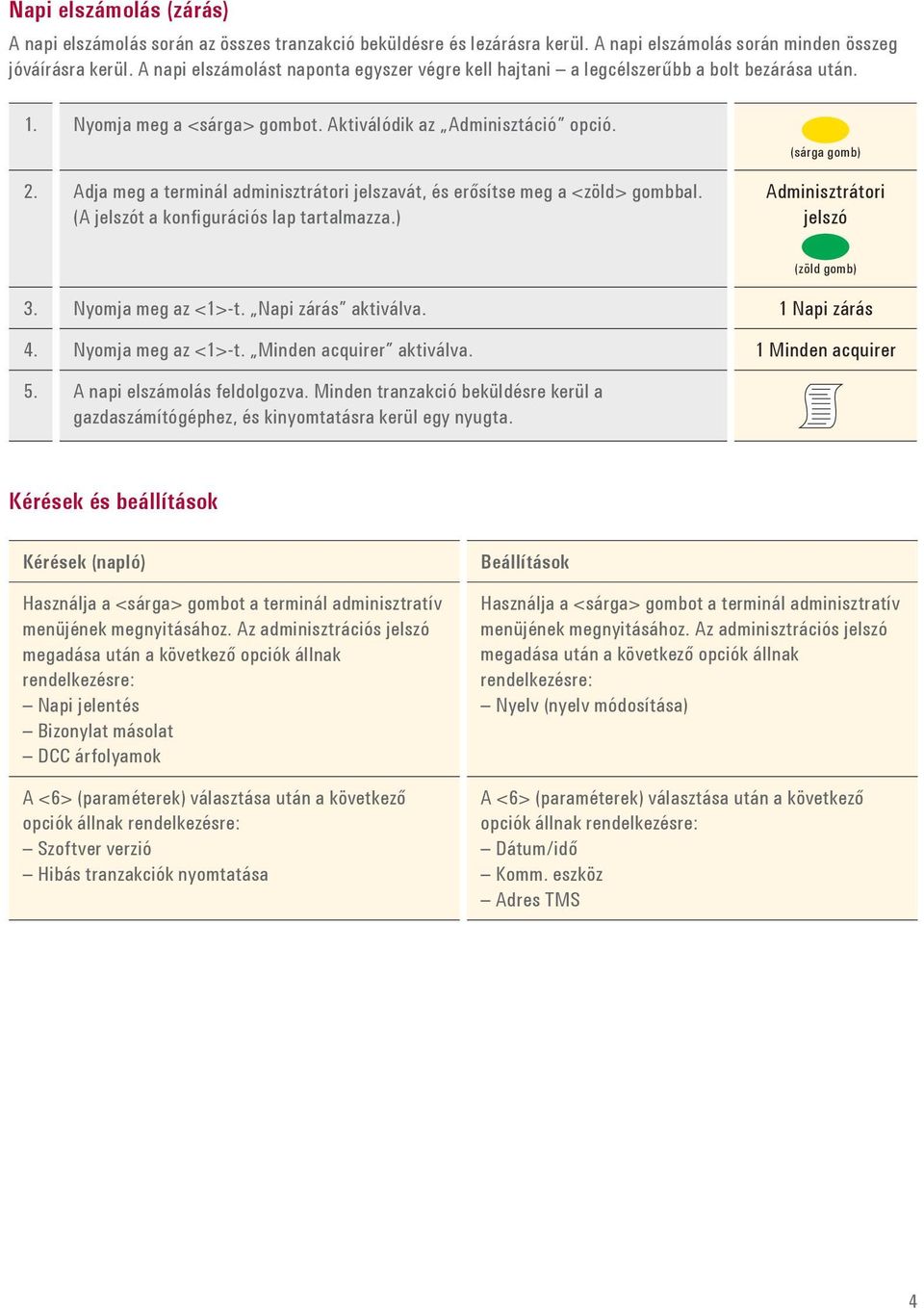 Adja meg a terminál adminisztrátori jelszavát, és erősítse meg a <zöld> gombbal. (A jelszót a konfigurációs lap tartalmazza.) Adminisztrátori jelszó 3. Nyomja meg az <1>-t. Napi zárás aktiválva.