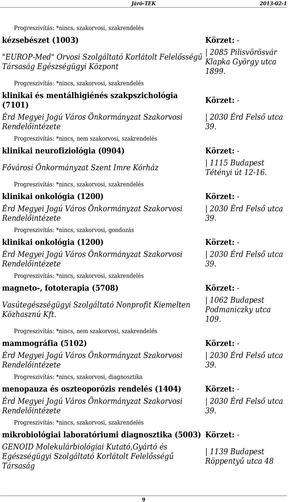 klinikai onkológia (1200) - Progreszivítás: *nincs, szakorvosi, gondozás klinikai onkológia (1200) - magneto-, fototerapia (5708) - Vasútegészségügyi Szolgáltató Nonprofit Kiemelten Közhasznú Kft.