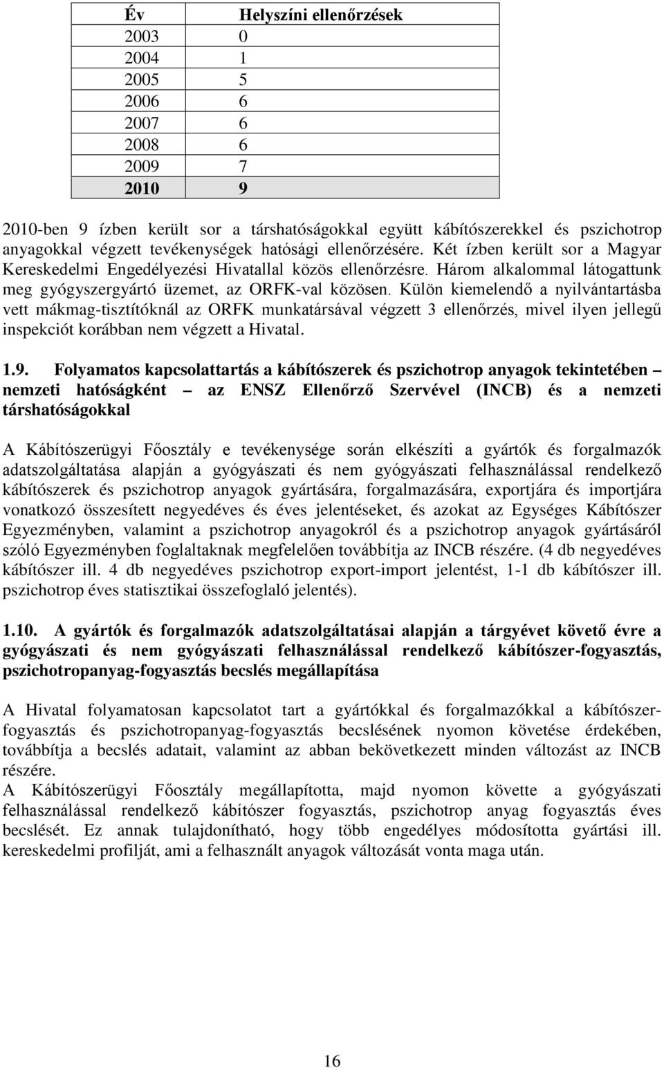 Külön kiemelendő a nyilvántartásba vett mákmag-tisztítóknál az ORFK munkatársával végzett 3 ellenőrzés, mivel ilyen jellegű inspekciót korábban nem végzett a Hivatal. 1.9.