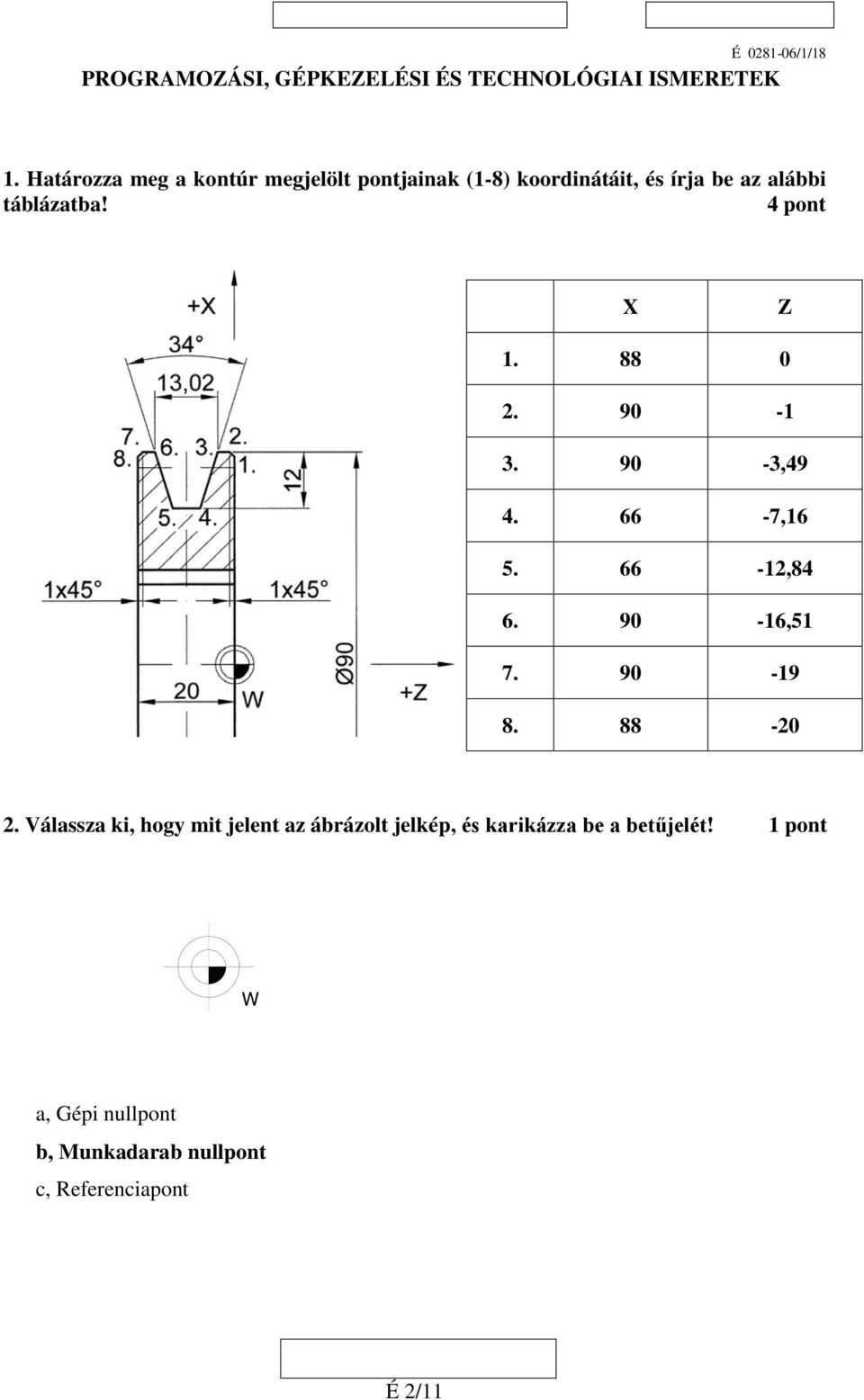 4 pont X Z 1. 88 0 2. 90-1 3. 90-3,49 4. 66-7,16 5. 66-12,84 6. 90-16,51 7. 90-19 8. 88-20 2.