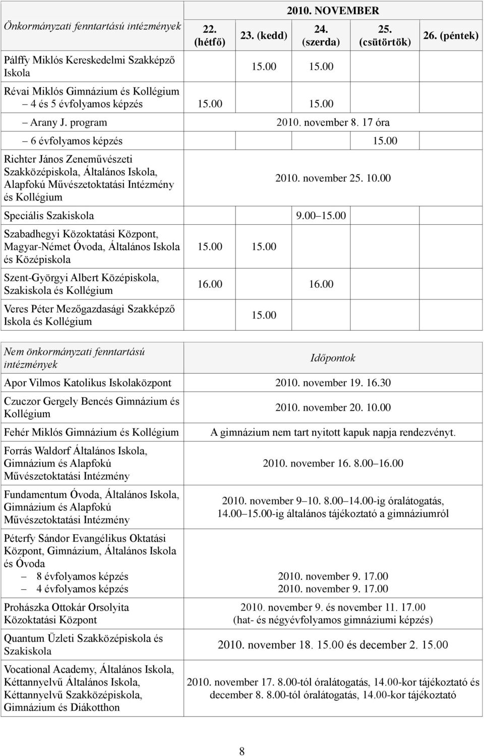 00 Richter János Zeneművészeti Szakközépiskola, Általános Iskola, Alapfokú Művészetoktatási Intézmény és Kollégium 2010. november 25. 10.00 Speciális Szakiskola 9.00 15.