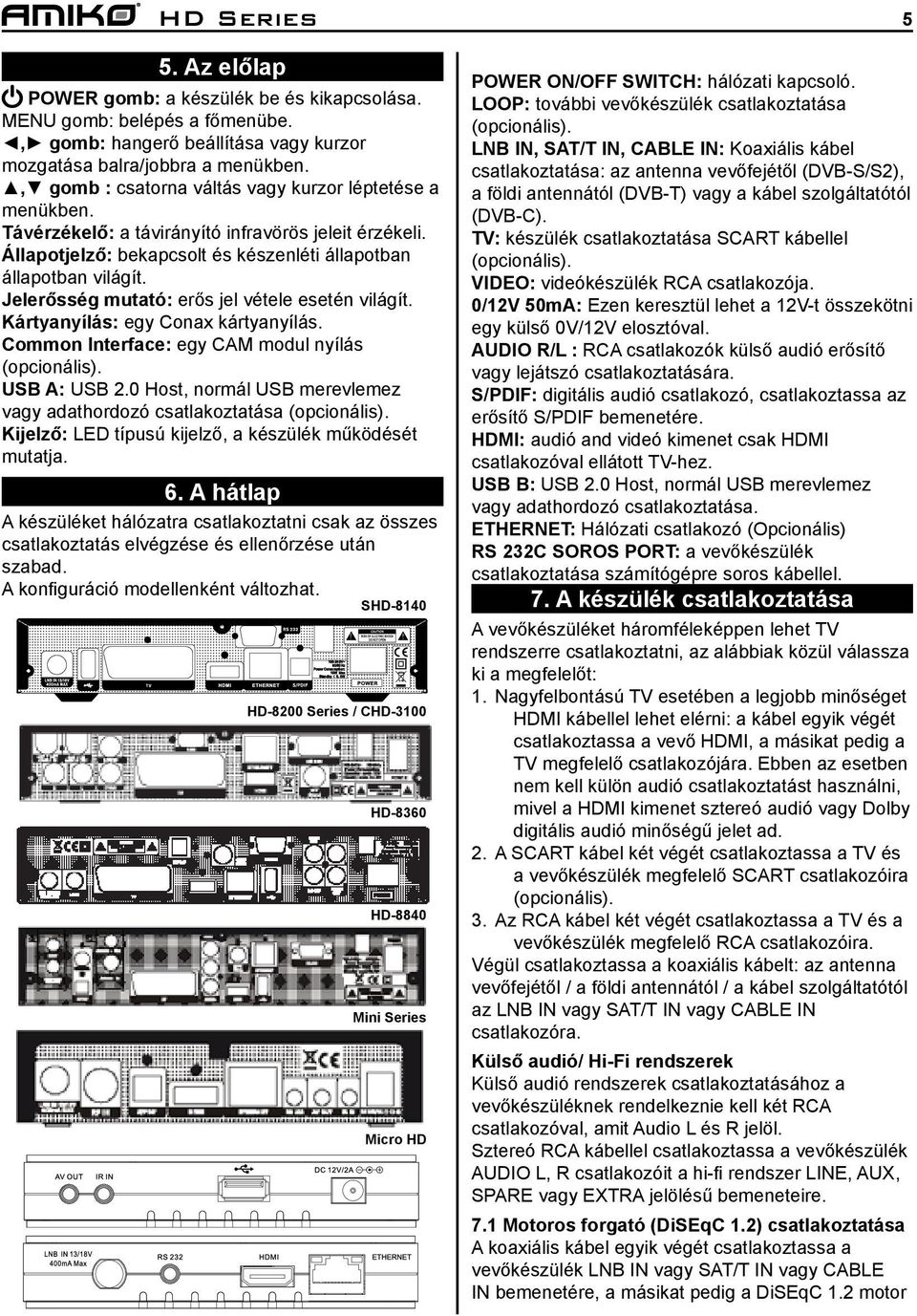 Jelerősség mutató: erős jel vétele esetén világít. Kártyanyílás: egy Conax kártyanyílás. Common Interface: egy CAM modul nyílás (opcionális). USB A: USB 2.