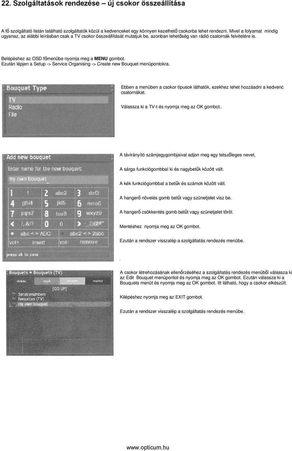 Ezután lépjen a Setup -> Service Organising -> Create new Bouquet menüpontokra. Ebben a menüben a csokor típusok láthatók, ezekhez lehet hozzáadni a kedvenc csatornákat.