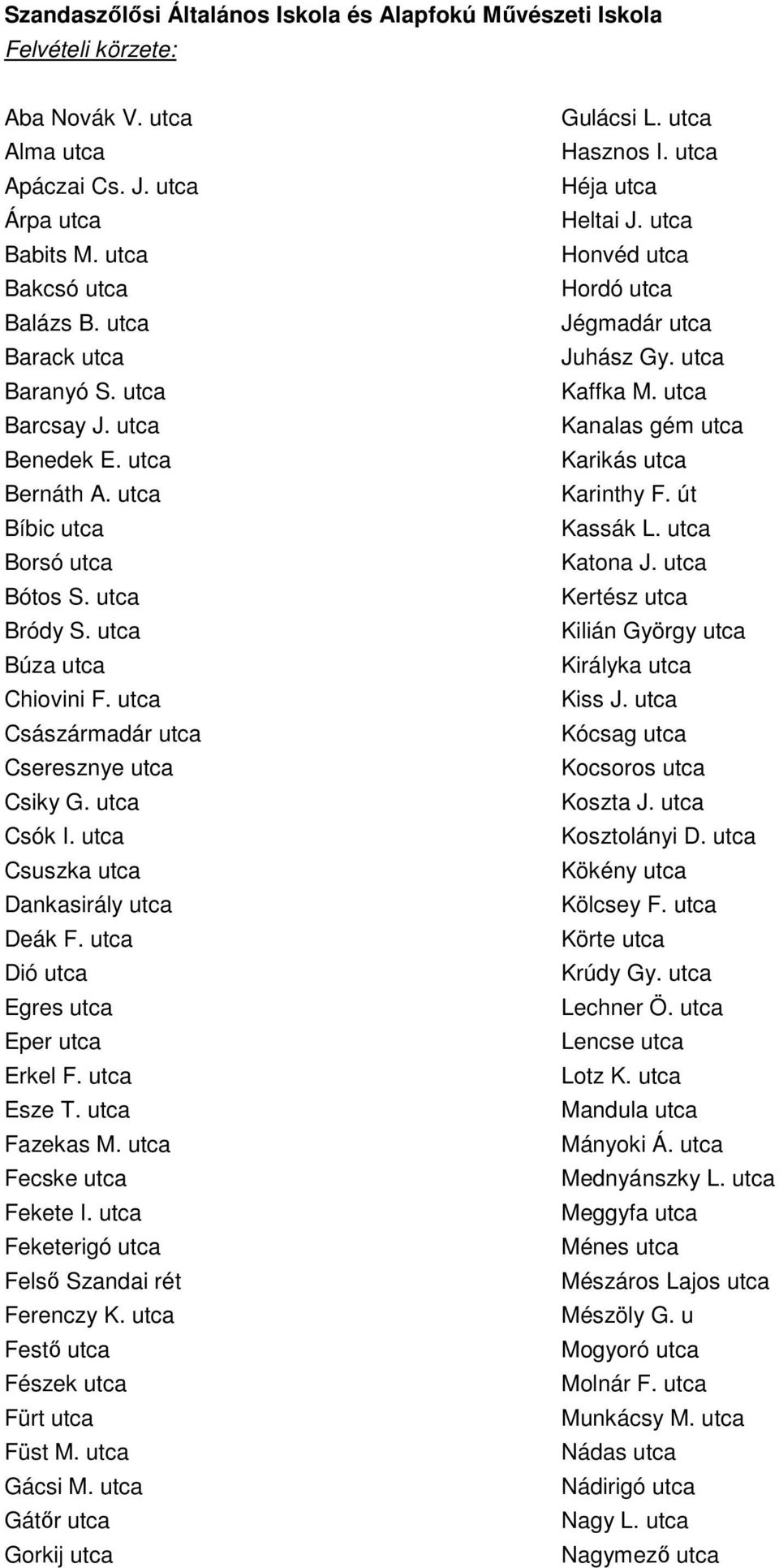 utca Csuszka utca Dankasirály utca Deák F. utca Dió utca Egres utca Eper utca Erkel F. utca Esze T. utca Fazekas M. utca Fecske utca Fekete I. utca Feketerigó utca Felső Szandai rét Ferenczy K.